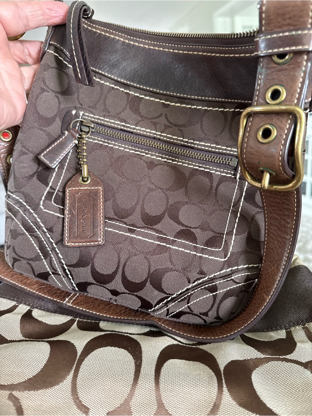 Coach Brown Signature Canvas Shoulder Bag with Leather Trim